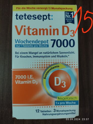 Vitaminlər və BAƏ: Bir neçə qida əlavəsi satılır: 1) Tetesept Vitamin D3 7000 –