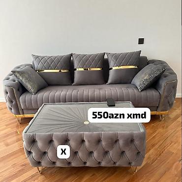 divan metbex: Mebellər dəsti: boz rəngli divan və puf/oturacaq-stol. - Rəng: tünd — 1