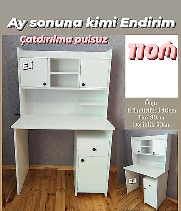 uşaq stol: Ağ rəngli kompakt yazı masası və üst dolablı rəf sistemi. Model — 1