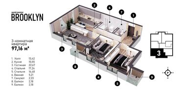 Продажа квартир: 3 комнаты, 97 м², Элитка, 5 этаж, ПСО (под самоотделку)