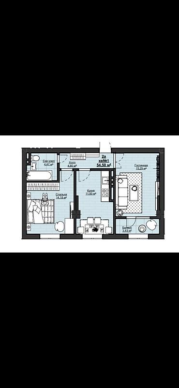 2 комнаты, 54 м²