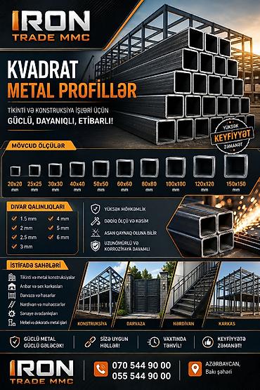 Müxtəlif ölçülü kvadrat metal profillər. Bu profillər tikinti və