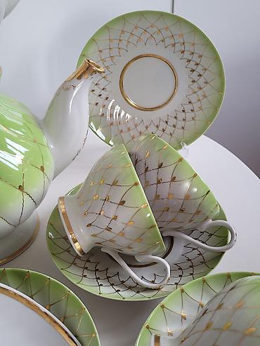 Qab-qacaq və mətbəx ləvazimatları: Çay dəsti, rəng - Yaşıl, Farfor, 6 nəfərlik, SSRİ — 3