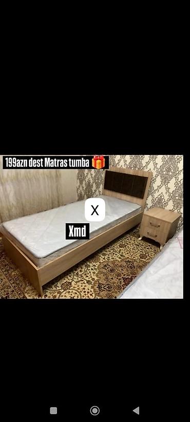 Ev üçün mebel: Tək nəfərlik çarpayı dəsti – çarpayı, matrass və tumbadan ibarət — 1