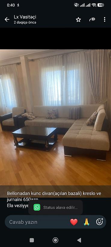 Bellonadan kunc divan(açılan bazali) kreslo ve jurnalni 650azn. Ela