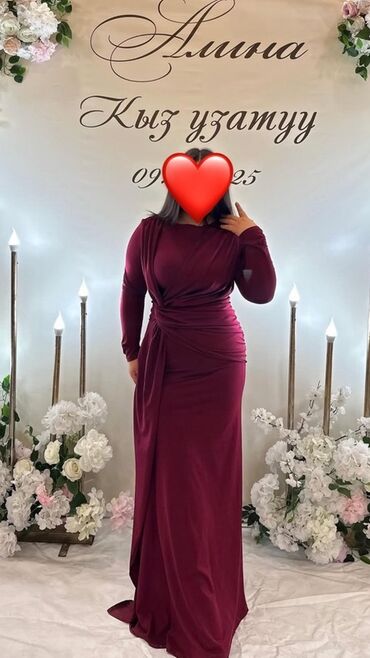 красное длинное платье в пол: Кече көйнөгү, Узун модель, Жеңдери менен, L, XL