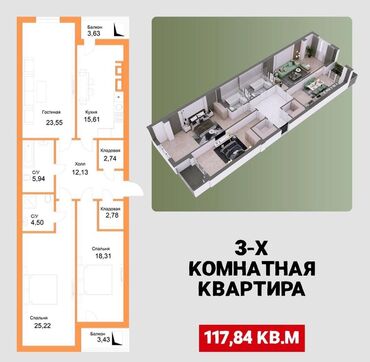 Продажа квартир: 3 комнаты, 118 м², 108 серия, 7 этаж, ПСО (под самоотделку)