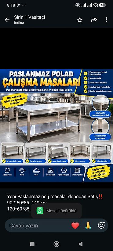 Yeni Paslanmaz nerj masalar depodan Satiş‼️ 90 * 60*85. 140azn lalafo.az -da Yeni Paslanmaz nerj masalar depodan Satiş‼️ 90 * 60*85. 140azn