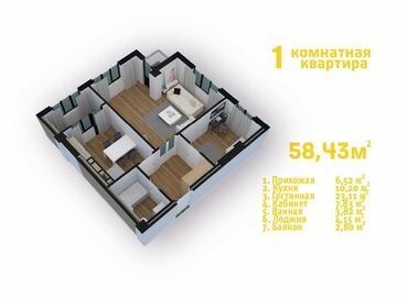 квартира 1 кв: 2 комнаты, 58 м², Индивидуалка, 3 этаж, ПСО (под самоотделку)