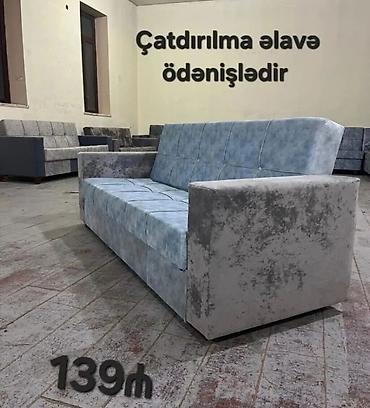 i̇ki neferlik divan: Mebel: Yumşaq parça ilə üzlənmiş 3 nəfərlik divan - Rəng: Açıq mavi — 1