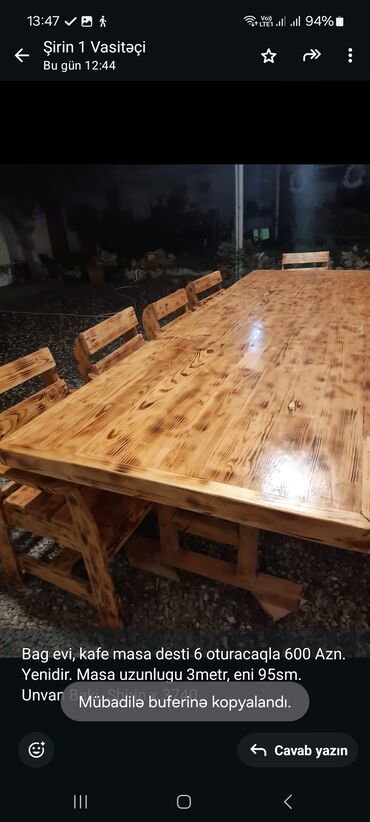 Bağ, çöl masa və oturacaq dəstləri: Bag evi, kafe masa desti 6 oturacaqla 600 Azn. Yenidir. Masa uzunlugu