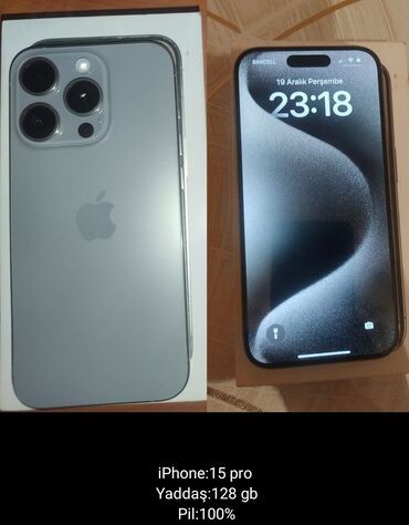 Apple iPhone: IPhone 15 Pro, 128 GB, Natural Titanium, Barmaq izi, Simsiz şarj, Face ID