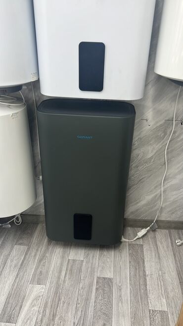 настенный газовый котел двухконтурный: Элегантный водонагреватель в сером цвете с синей надписью "GARANT" на