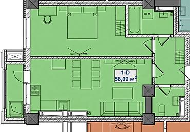 2 комнаты, 58 м², Элитка, 8 этаж, ПСО (под самоотделку)