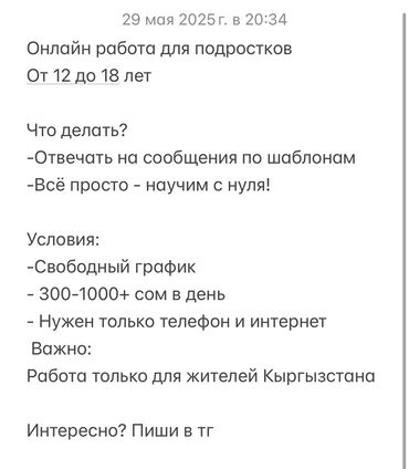 кыз келиндерге жумуш берилет: Предлагается онлайн-работа для подростков в возрасте от 12 до 18 лет