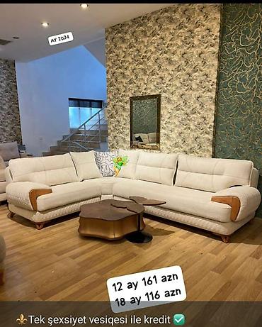 kreditle stol stul: Künc divan dəsti – müasir dizayn, bej rəngli yumşaq parça üzlük, taxta — 1