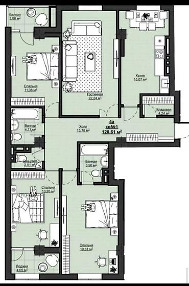 120: 4 комнаты, 120 м², Асанбай мкр Элитка, 13 этаж, ПСО (под самоотделку) — 2