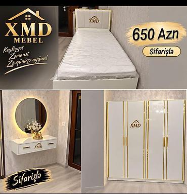 XMD Mebel – ağ və qızılı detallarla modern yataq otağı dəsti -