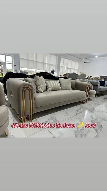 komod modelleri: Modern dizaynlı yumşaq divan - Rəng: açıq boz - Material: məxməri — 1