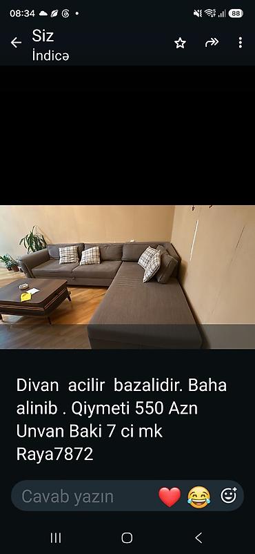 Künc divan – açılır və bazalı model. Rəngi tünd boz, yumşaq oturacaq