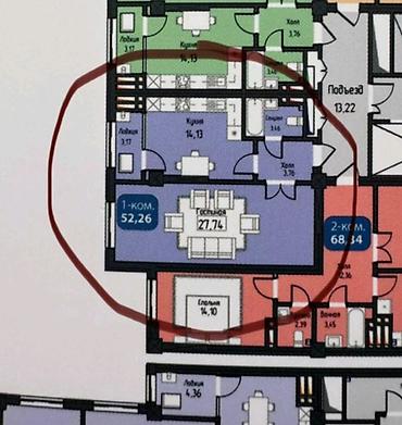 72: 1 комната, 52 м², Кок-Жар мкр 13 этаж, ПСО (под самоотделку) — 3