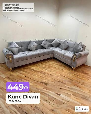 Künc divan – 280×200 sm - Açılan, bazalı mexanizm - 6 ədəd yastıq