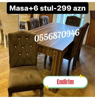 Masa və oturacaq dəstləri: Qonaq otağı üçün, Yeni, Açılmayan, Dördbucaq masa, 6 stul — 15