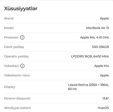 купить ноутбук в баку: Apple MacBook Air 13 (M4) - Prosessor: Apple M4, 4.41 GHz - Qrafika