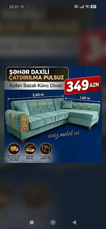 Açılan bazalı künc divan - Ölçülər: uzun tərəf 2,60 m, qısa tərəf