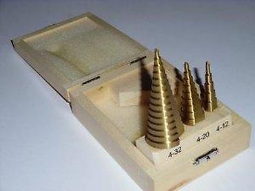 Burgije: Set stepenastih burgija – 3 komada u drvenoj kutiji - Tip: stepenaste — 7