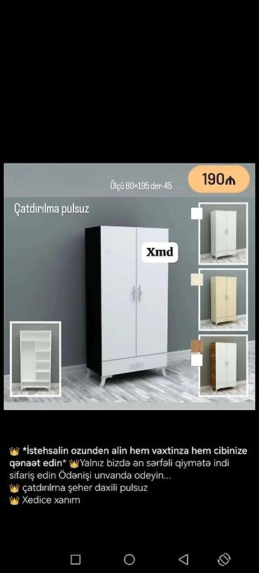 giris dolabi: İki qapılı paltar dolabı - Ölçü: 80×195 sm, dərinlik 45 sm - Daxili — 1
