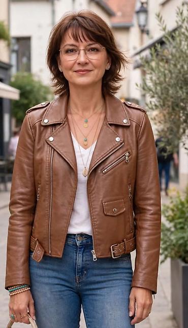 Kožna jakna – ženska, biker stil, boja konjak/karamel - Materijal na lalafo.rs Kožna jakna – ženska, biker stil, boja konjak/karamel - Materijal