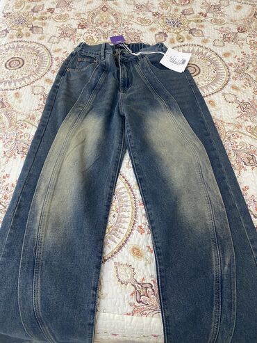 джинсы темно синие плотная джинса: Клеш, Средняя талия