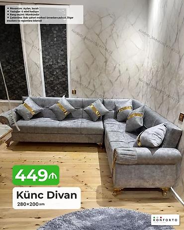 Künc Divan – 280×200 sm - Rahat və geniş L‑şəkilli dizayn, yumşaq