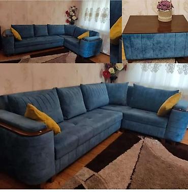Ev və bağ: Mavi rəngdə L formalı yumşaq künc divan dəsti. Xüsusiyyətlər: - L — 3