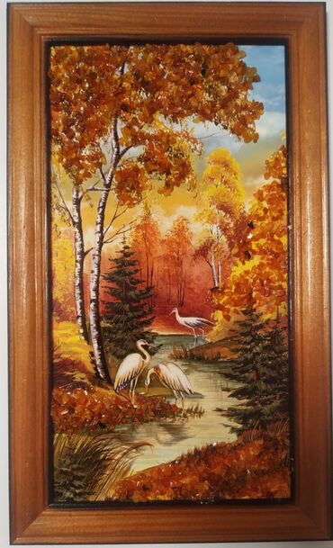 handmade картина: Картина, миниатюра размер 22/13 см., осенний лес цапли на реке