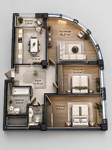 Квартиры: 3 комнаты, 99 м², 12 мкр 4 этаж — 3