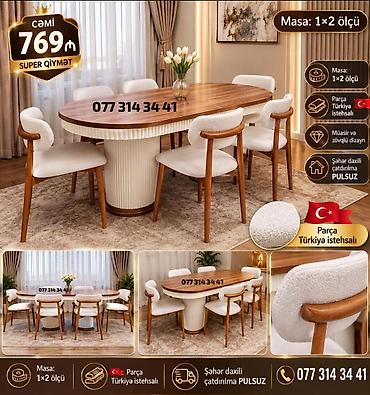 Oval formalı yemək masası və 6 stuldan ibarət dəst - Masa ölçüsü: 1×2
