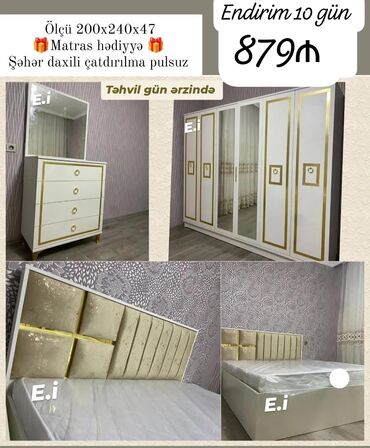 Mebel: Ağ rəngdə və qızılı elementlərlə bəzədilmiş yataq otağı dəsti. Dəstə
