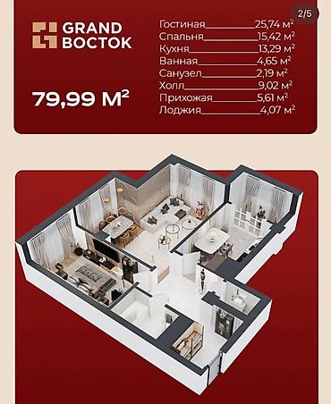 81: 2 комнаты, 80 м², Восток-5 мкр Элитка, 14 этаж, ПСО (под самоотделку) — 3