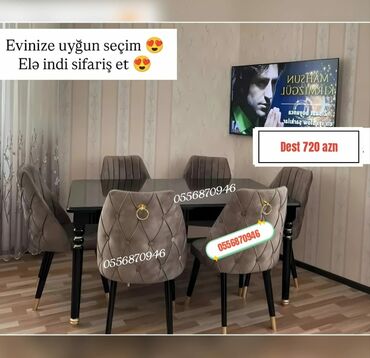 Masa və oturacaq dəstləri: Qonaq otağı üçün, Yeni, Açılmayan, Dördbucaq masa, 6 stul — 4