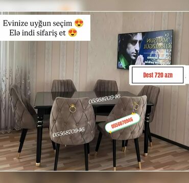 Masa və oturacaq dəstləri: Qonaq otağı üçün, Yeni, Açılmayan, Dördbucaq masa, 6 stul — 13