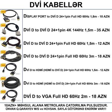 Masaüstü kompüterlər və iş stansiyaları: ⭐Display to DVI D 1,8m 1080p – 18 AZN ⭐DVI D to DVI D (24+1pin) 1,5m –