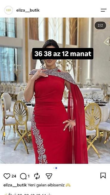 Zərif qırmızı ziyafət geyimi - Model: çiyinləri bəzəkli, boyun