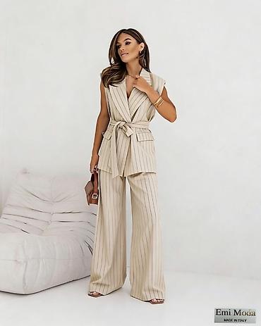 Kompleti: 🔥Ženski dvodelni komplet – prugasti sako bez rukava i široke pantalone — 6