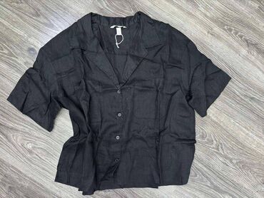Košulje, bluze i tunike: L (EU 40), Lan, Jednobojni, bоја - Crna