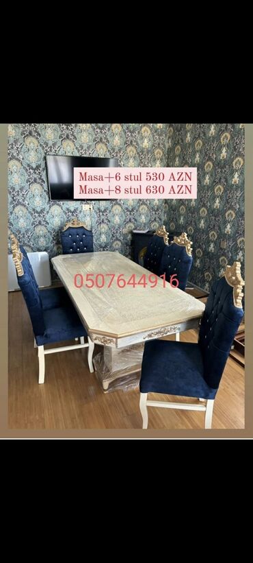 Masa və oturacaq dəstləri: Qonaq otağı üçün, Yeni, Açılmayan, Dördbucaq masa, 6 stul — 30