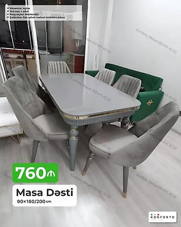 stul plastik: Masa Dəsti – 6 stulludur, açılan mexanizmlə. Ölçü: 90×160/200 sm. Rəng — 1