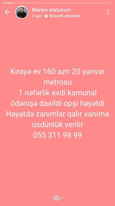 Uzunmüddətli kirayə evlər: 20 kv. m, 1 otaqlı