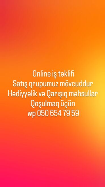 satıcı oğlan: Satış məsləhətçisi tələb olunur, İstənilən yaş, Təcrübəsiz, Gündəlik ödəniş